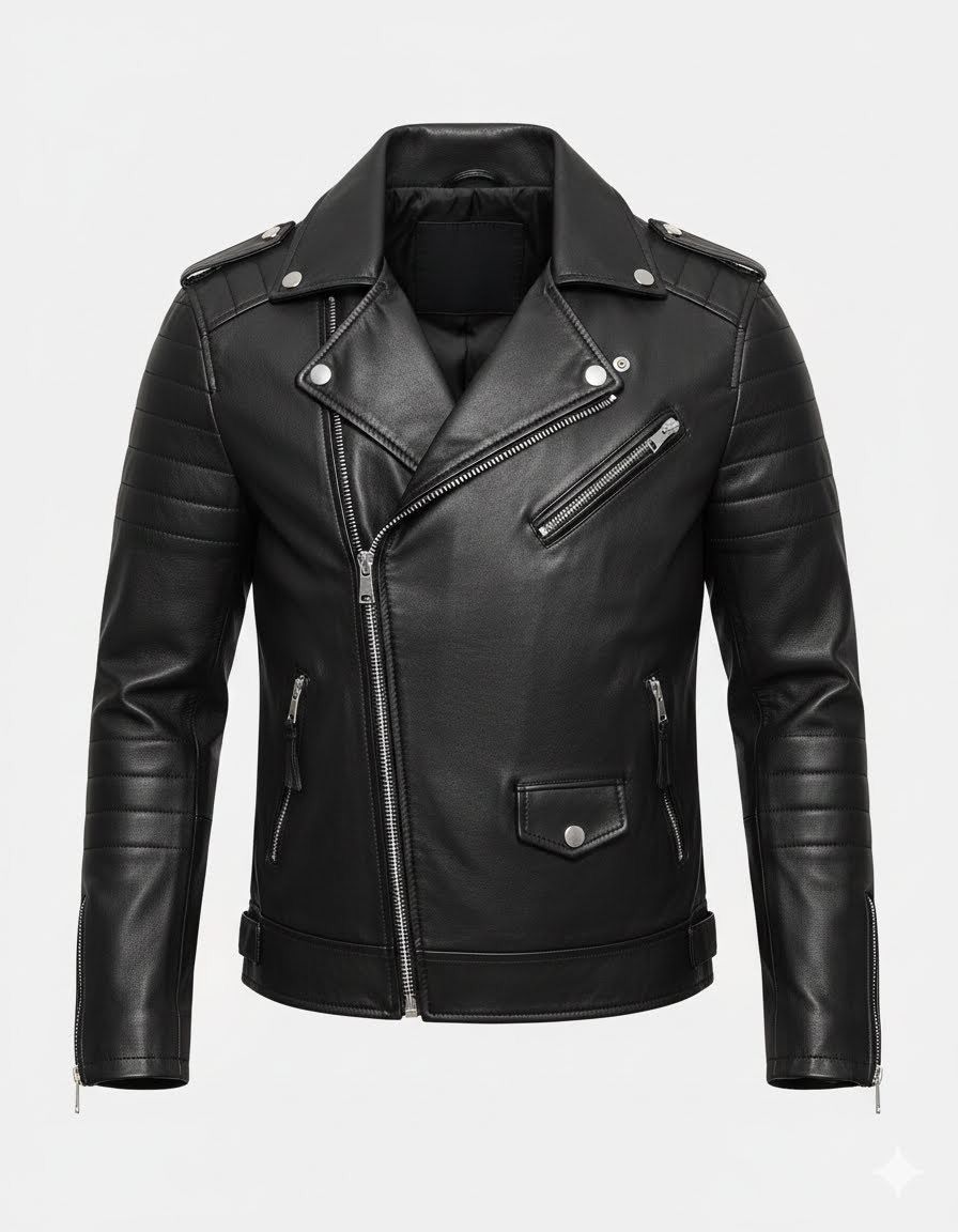 Classic Asymmetric Biker Leather Jacket – Jet Black
