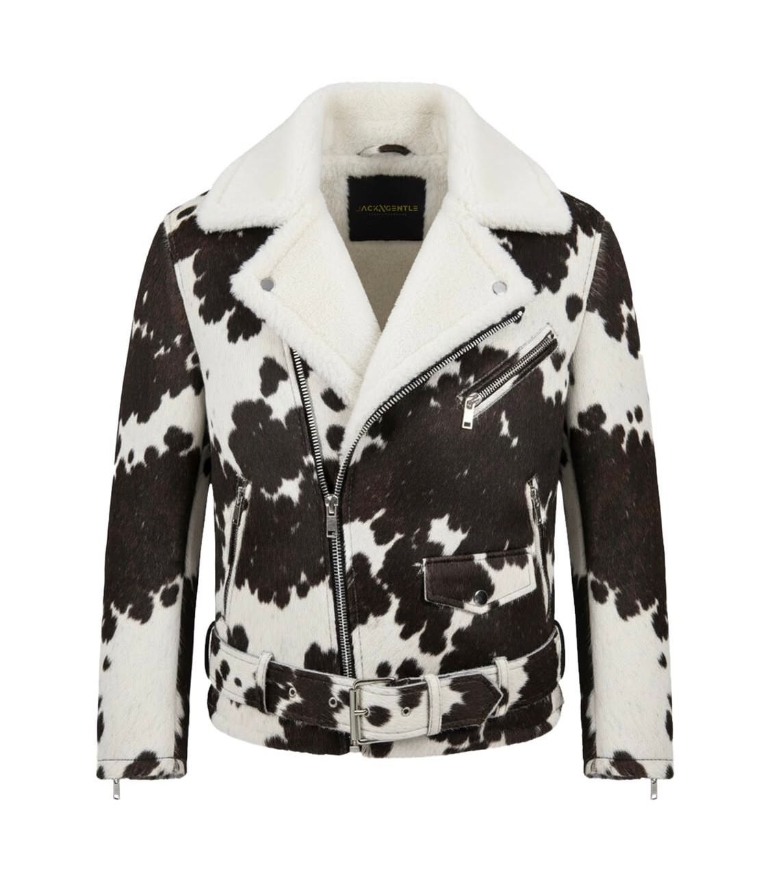 Cow Print Shearling Biker Jacket – Black & White