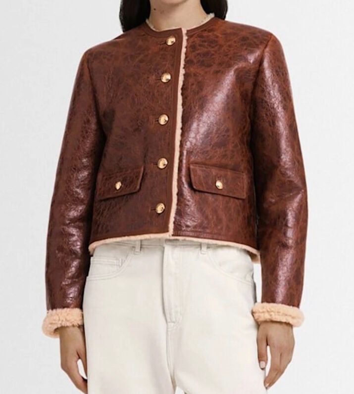 Cropped Crinkle Faux Leather Shearling-Trim Jacket – Cognac Brown