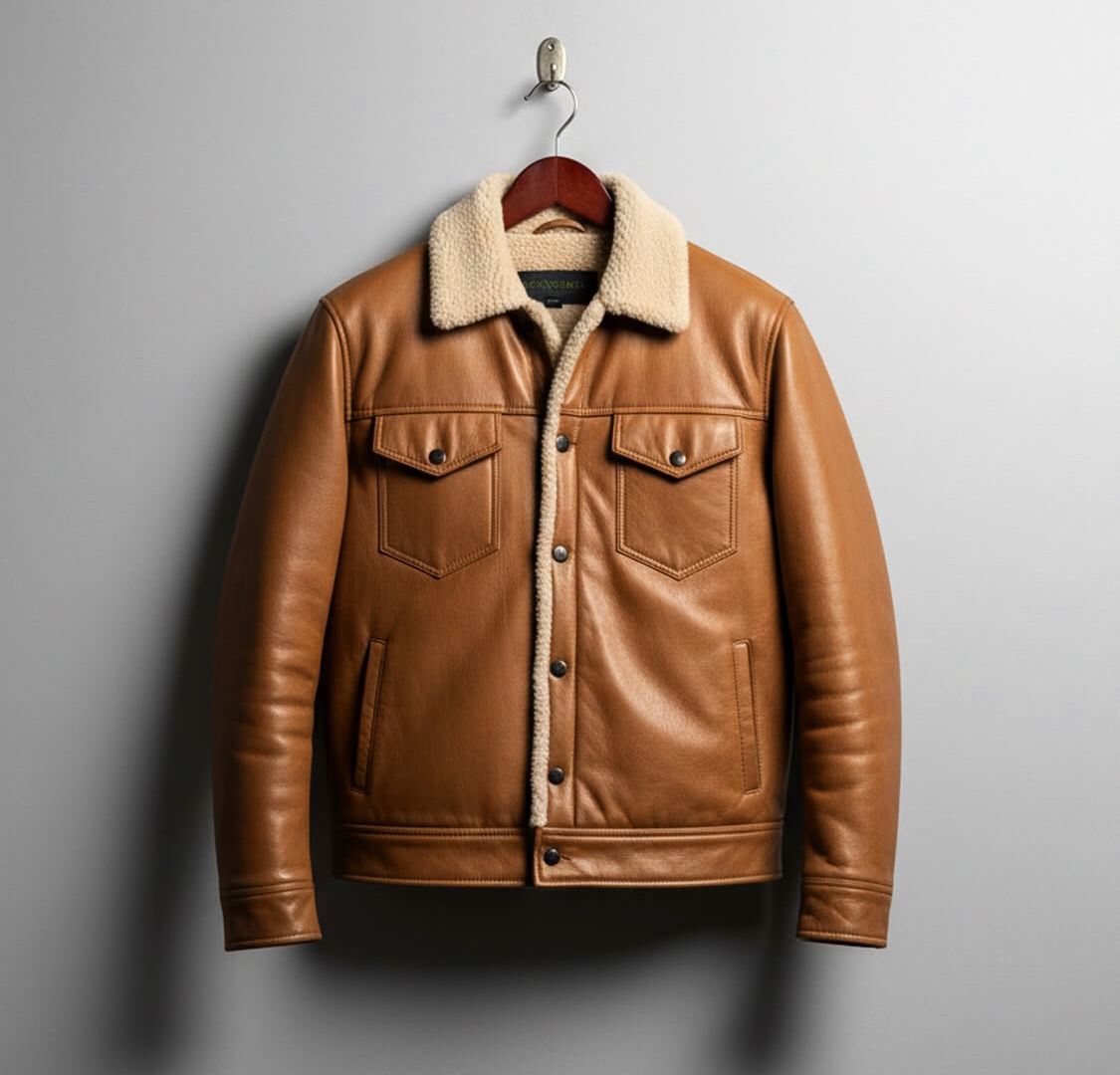 Shearling-Collar Leather Trucker Jacket – Tan Brown
