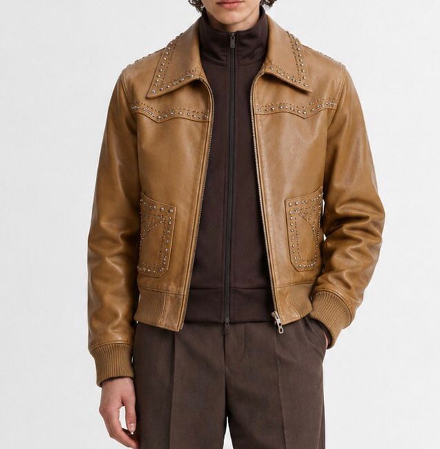 Studded Leather Bomber Jacket – Tan Brown