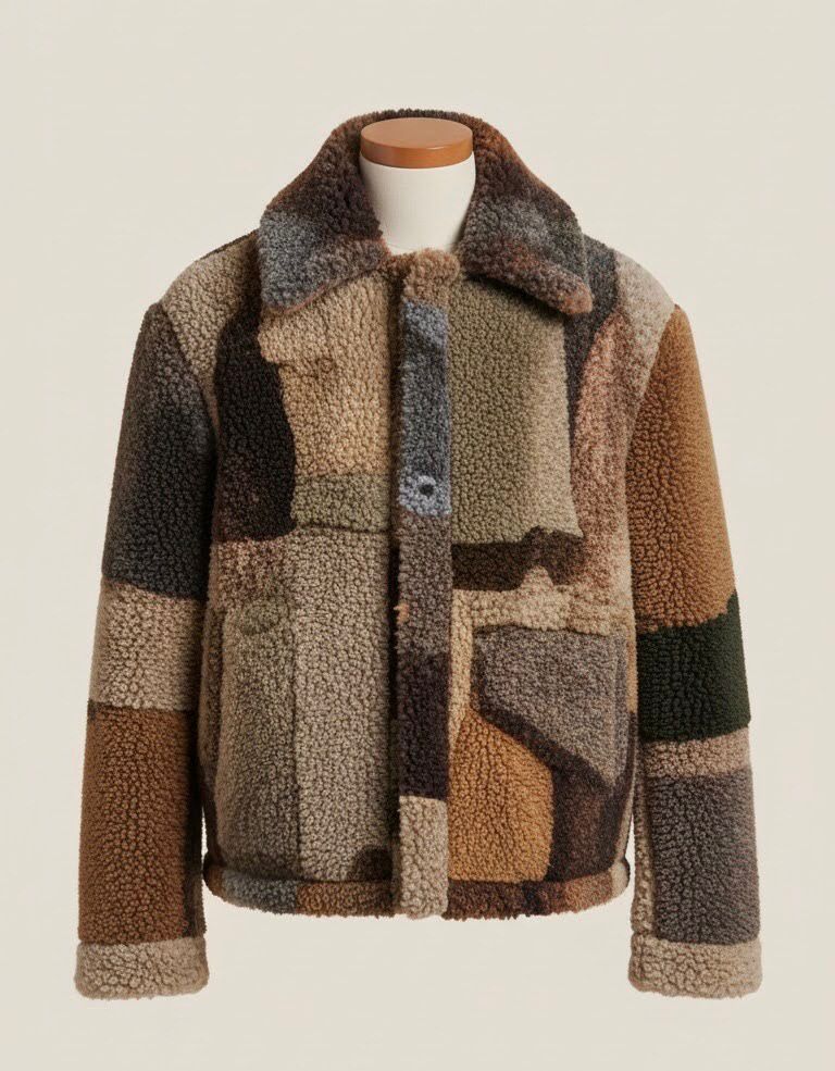 Patchwork Teddy Shearling Jacket – Multi Earth Tone