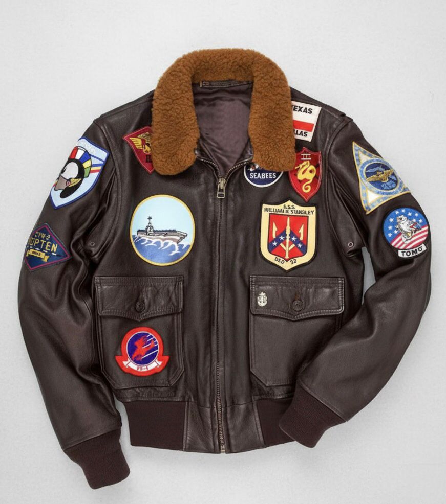 Men’s Vintage Pilot Patch Leather Bomber Jacket – Brown Aviator Military Style